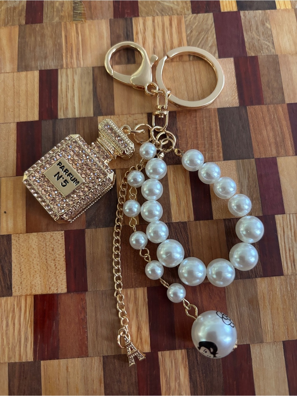 Key Chain / Bag Charm -  Gold, Pearl & Perfume Bottle Keychain Charm